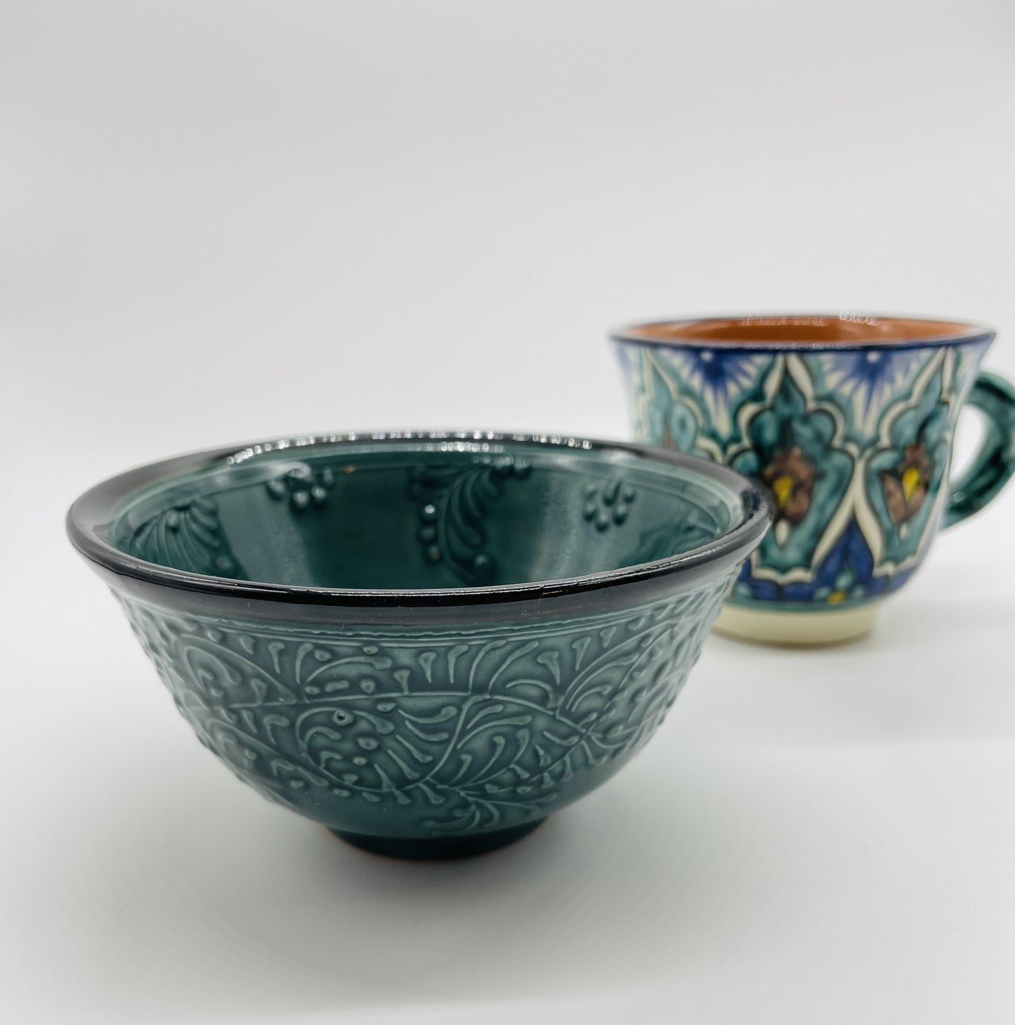 new【リシタンブルー・イシコールの深い青】カフェボウル（手描き茶碗・植物文様・一点物）