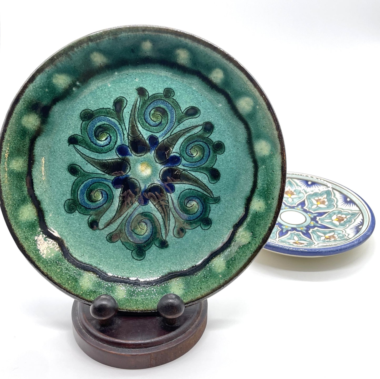 【新商品】リシタン陶器「ザクロの花と太陽」直径15.5センチ皿・手描き模様（一点もの）