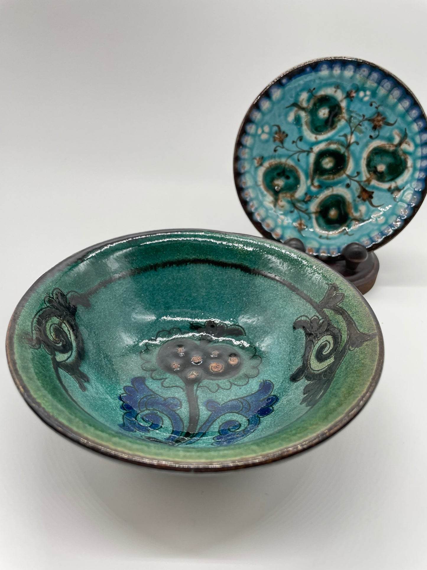 NEW【日本の本漆金つぎ×リシタン陶器】リシタン陶器「ザクロの花」・手描き模様（一点もの）直径１４センチ