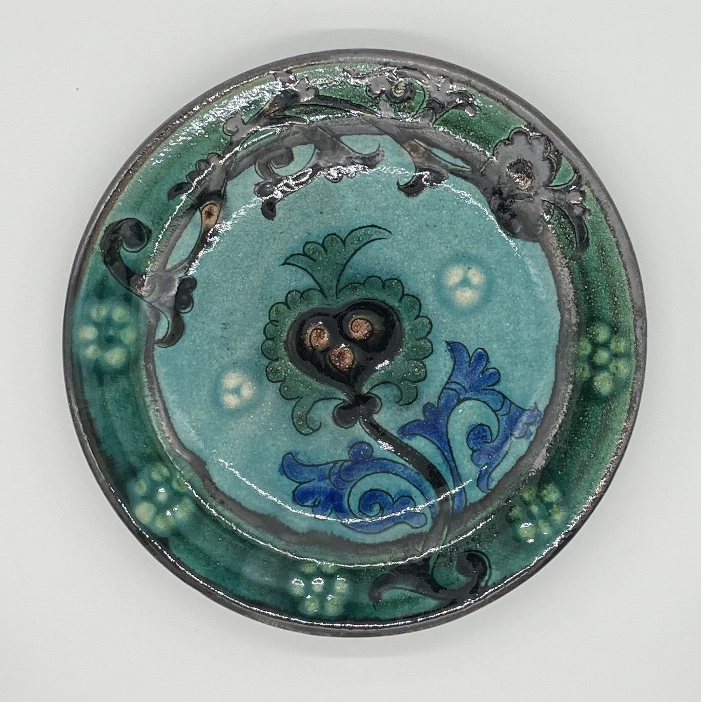 NEW【日本の本漆金つぎ×リシタン陶器】リシタン陶器「ザクロの花」直径17.5センチ皿・手描き模様（一点もの）