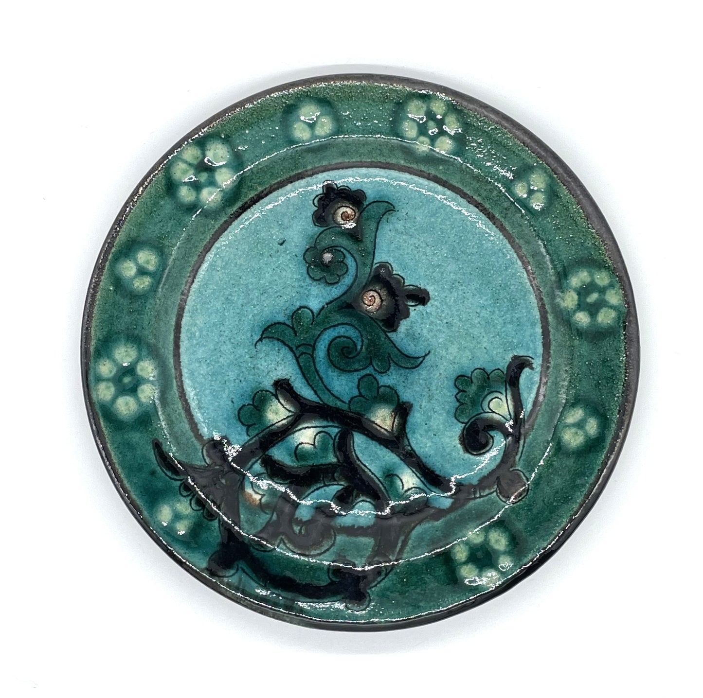 【新商品】リシタン陶器「ザクロの花」直径17.5センチ皿・手描き模様（一点もの）