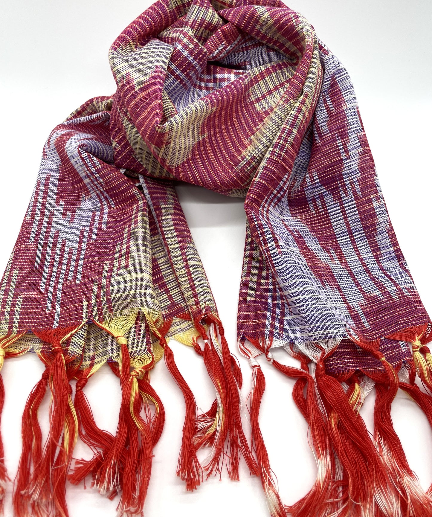 NEW！【Aレッド系】さわやかコットン１００％のショール絣（イカット）・中央アジアのウズベキスタンから